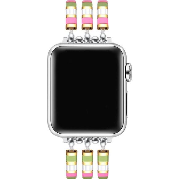 Slim Beaded Bracelet Apple Watch Watchband Pink Green - Picture 2 of 6